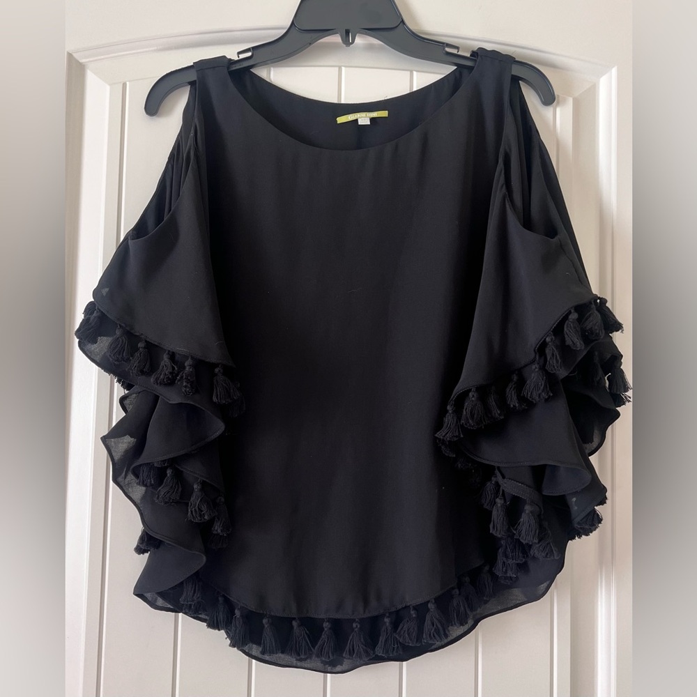 Gianni Bini Flowy Chiffon Ruffle‎ Flounce Shirt Flutter Tassel Sleeve Blouse XS